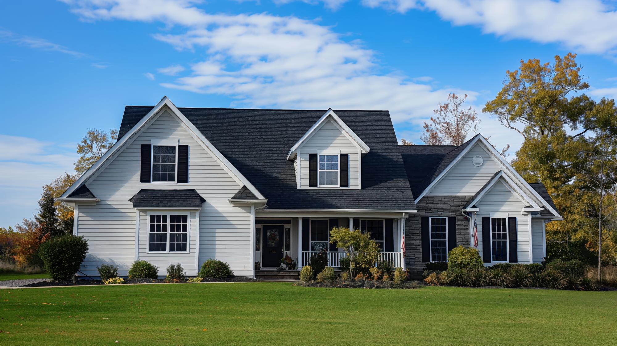 beautiful-modern-suburban-home-with-white-siding-black-shutters-large-green-lawn-surrounded-by-trees-partly-cloudy-sky